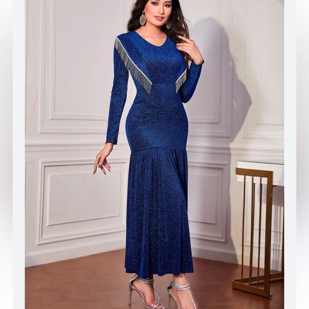 SHEIN Women’s Blue V-Neck Long Sleeve Fringe Ruffle Hem Metallic Maxi Dress XL